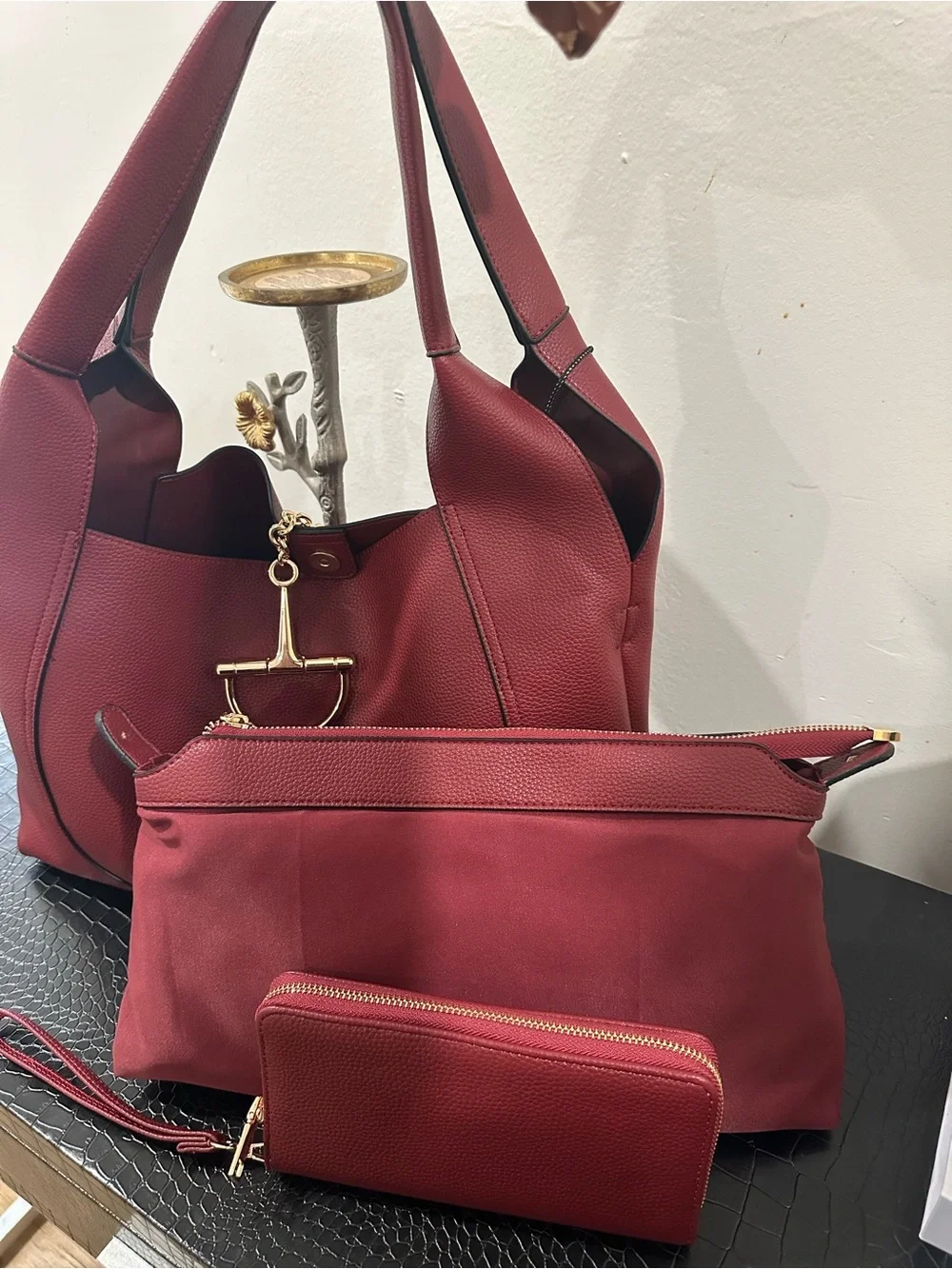 Women's Burgundy Hobo Bag with Gold Accent